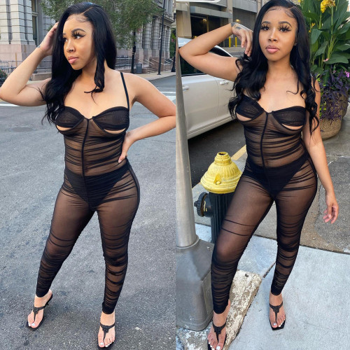 Mesh Solid Pleated Jumpsuit with Panties