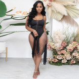 Swimsuit suspender jumpsuit + sexy mesh wrap skirt two-piece set