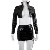 Women's PU leather shiny sexy halter neck wrap chest small jacket drawstring skirt three-piece set