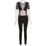Women's Sexy Mesh See-Through Stitching High Waist Tight Casual Sports Jumpsuit