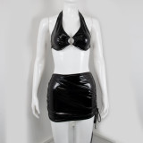 Women's PU leather shiny sexy halter neck wrap chest small jacket drawstring skirt three-piece set
