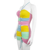 Contrast color stitching halterneck dress drawstring hollow tight bag hip nightclub sexy dress
