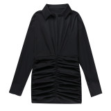 Temperament V-neck sexy pleated tight-fitting long-sleeved hip-pack shirt dress