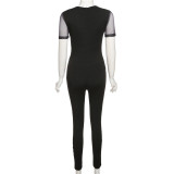 Women's Sexy Mesh See-Through Stitching High Waist Tight Casual Sports Jumpsuit
