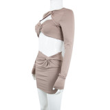 Women's Hollow Long Sleeve Three Twist Knot Design Hip Short Skirt Suit
