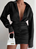 Temperament V-neck sexy pleated tight-fitting long-sleeved hip-pack shirt dress