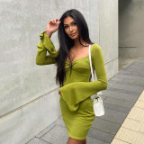Solid Color Square Neck Flare Sleeve Slim Fit Sexy Hip Dress
