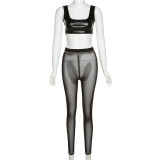Sexy Sleeveless Faux Leather Camisole Spliced Mesh Trousers Suit Women