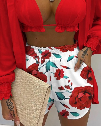 Three-piece tropical-print balloon-sleeve shirt and shorts set with crop top