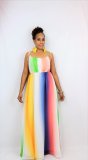 Sexy Fashion Colorful Stripes Adjustable Round Neck Design Strap Sling Dress
