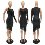 Fashionable one-sleeve mesh fringed dress