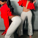 Front and back drawstring low waist sexy wide leg flared pants women
