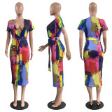 Fashion Women's Cotton Irregular Tie-Dye Deep V Short Sleeve Midi Dress Sexy Pack Hip Dress