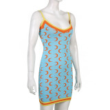 Colorful Crescent Contrast Color V-Neck Slim Wool Knit Sling Dress Short Skirt