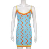 Colorful Crescent Contrast Color V-Neck Slim Wool Knit Sling Dress Short Skirt