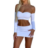 Chest Wrap Tie Long Sleeve Two Piece Sexy Skirt