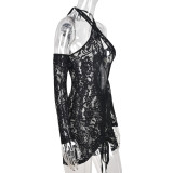 Women's Lace Hollow Out Waist Perspective Drawstring Long Sleeve Sexy Dress