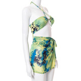 Printed wrap chest halter vest miniskirt three-piece set