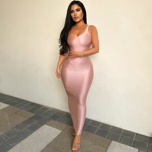 One Shoulder Solid Color Sleeveless Dress