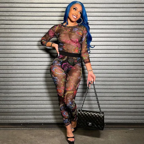 Sexy Print Bodysuit Tight Hip Raising Mesh Trousers Suit Women