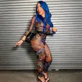 Sexy Print Bodysuit Tight Hip Raising Mesh Trousers Suit Women