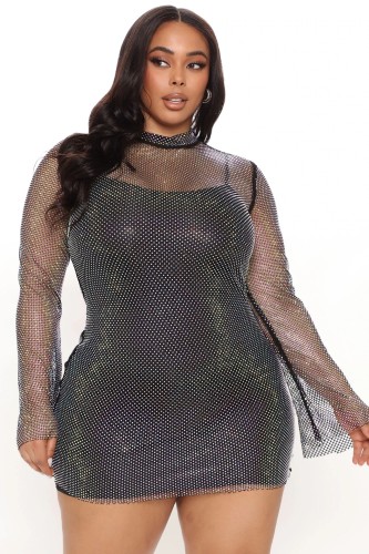 Plus Size Women's Mesh Hot Drill Sexy Dress Two Piece Set