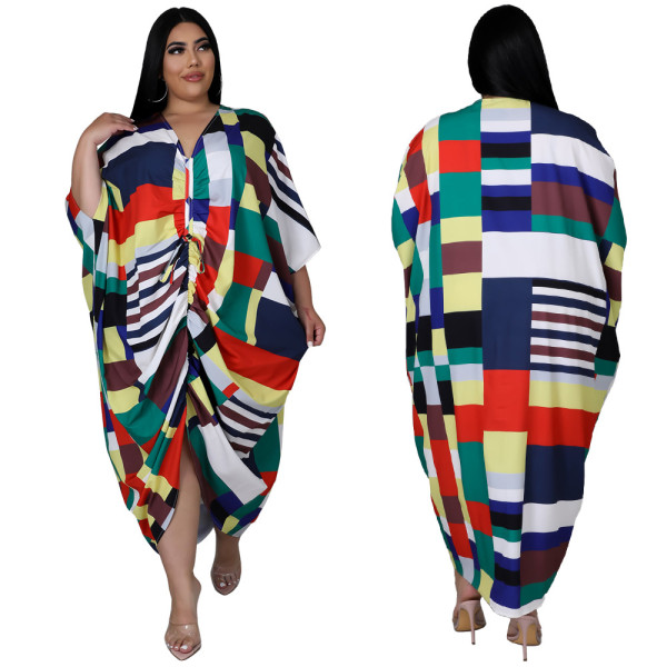 Plus Size Women's Printed Striped Swing Pleated Loose Dress