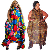 Irregular printing large size loose plus fat increase dress turtleneck sleeveless women