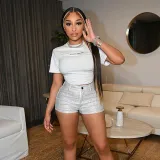 Fashion Personality Shiny Silver High Waist Small Size Tight Button Short Hot Pants