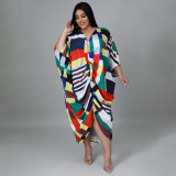 Plus Size Women's Printed Striped Swing Pleated Loose Dress