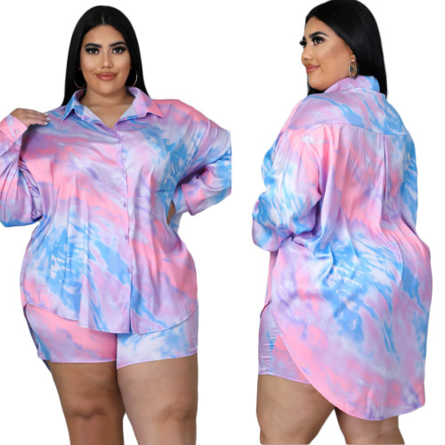 Plus size women's summer new fashion tie-dye print casual two-piece suit