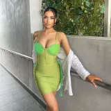 Women's Contrast Color Sling Fishbone Girdle Bodysuit Short Skirt Suit