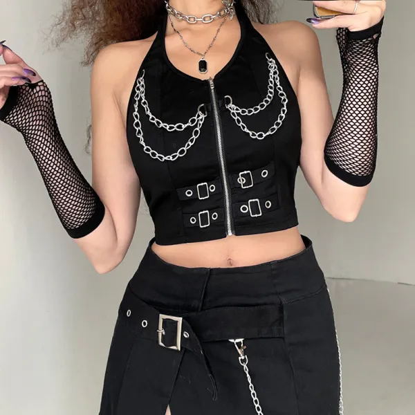 Women's Top Personality Metal Chain Sexy Backless Halter Short Vest