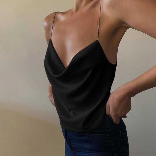 Solid Color Chain Sexy Backless V-Neck Sling Top