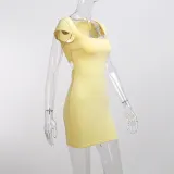New Fashion Solid Color Square Neck Show Breast Short Sleeve Basic Dress Women