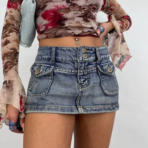 Vintage Studded Double Button Pocket Skirt Washed Denim Skirt
