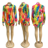 Women's Colorful Casual Print Shirts Long Sleeves + Shorts Two Pieces