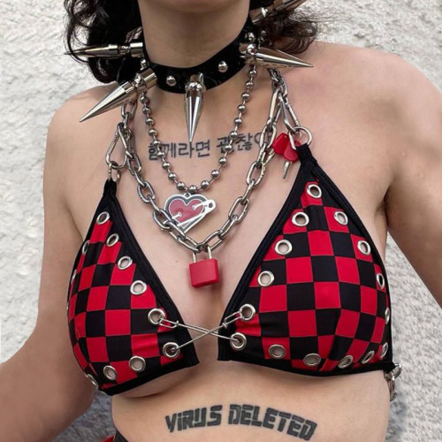 Sexy babes show navel eyelet pin corset design sense chain personality hanging neck sling