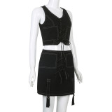Fashion trend hot girl design sense topline strap V-neck vest slim-fit streamer bag hip skirt suit
