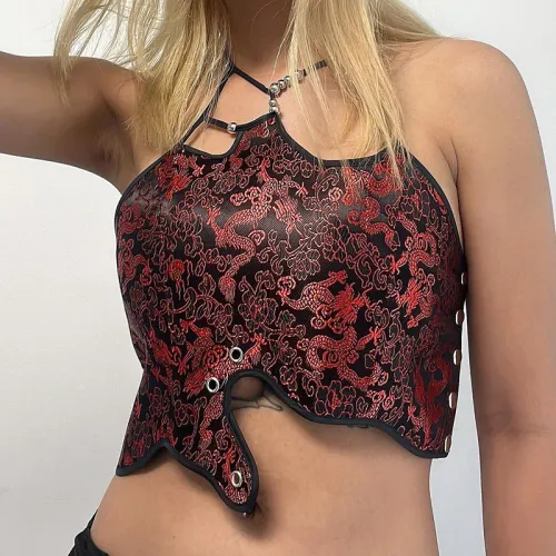 Chinese dragon jacquard asymmetric hem cropped halterneck lace-up vest open-back cross-tie top
