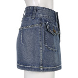 Vintage Studded Double Button Pocket Skirt Washed Denim Skirt