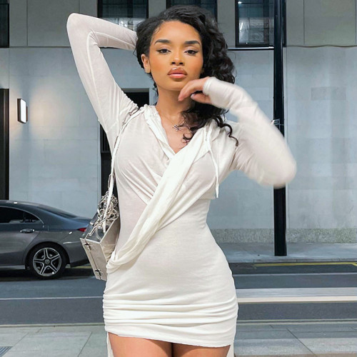 Solid Mesh Long Sleeve Gathered Casual Hooded Dress