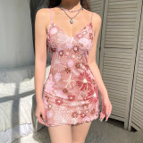 Street temperament print double-layer deep V breast-shaped sexy slit suspender skirt