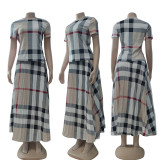 Plaid Print Short Sleeve + Long Skirt Two-piece Set