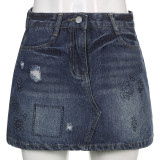 Pure girly design ripped embroidery pattern slim hip skirt short denim skirt