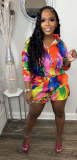 Women's Colorful Casual Print Shirts Long Sleeves + Shorts Two Pieces