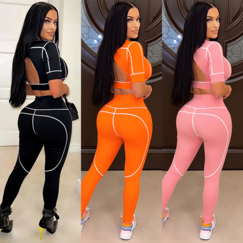 Fashion New Casual Tight Sports Short Sleeve Solid Color Pants Two Piece Set