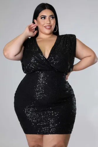 Fat Woman Plus Size Women's Black Sequin Deep V Sleeveless Hip Dress