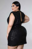 Fat Woman Plus Size Women's Black Sequin Deep V Sleeveless Hip Dress