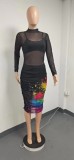 Black Short Skirt Top with Vintage Print Sexy Mesh Midi Dress Three Piece